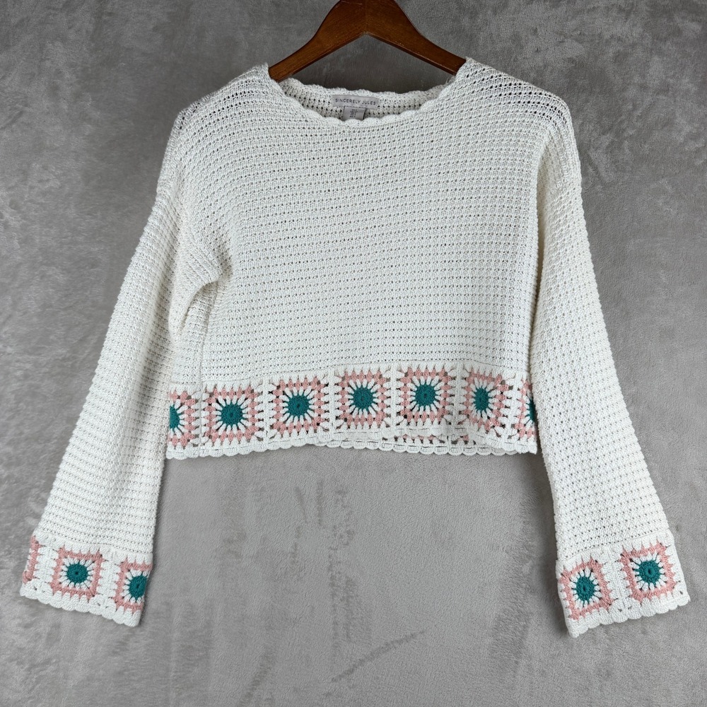 boho grandma White Crochet Granny Square Floral Hem Sweater Womens Medium